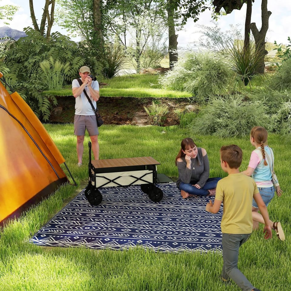"8FT X 10FT Blue and White Geometric Reversible Waterproof Outdoor Rug with, product photo
