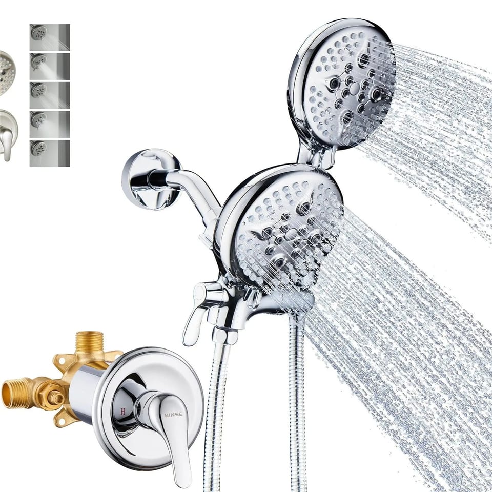 Dual Shower Head System w Handheld 5 Spray 71in Hose Valve Kit Chrome, product photo