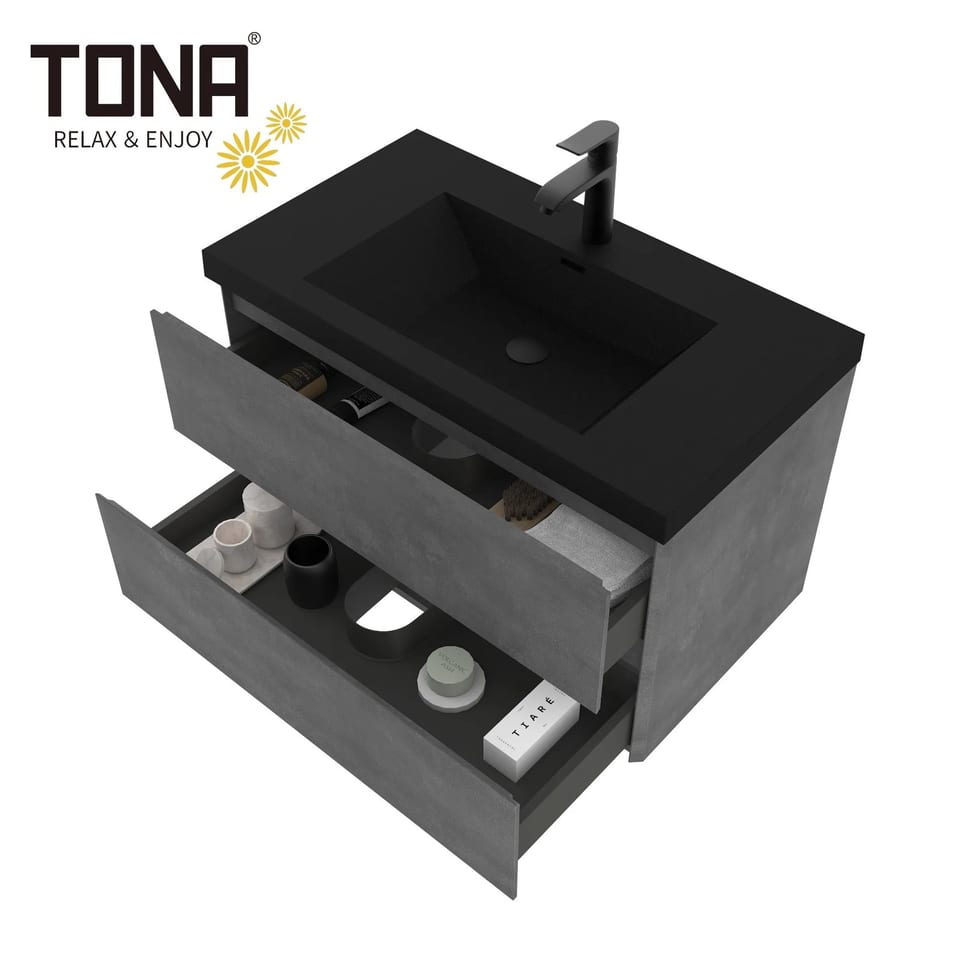 36 Inch Modern Water Resistant Wall Mounted Vanity Cabinet Single Sink Grey, product photo