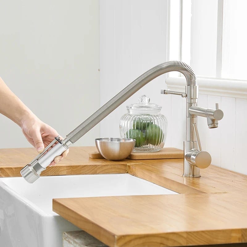 360 Degree Rotating Pull Down Buckle Double Outlet Surface Polished Kitchen, product photo