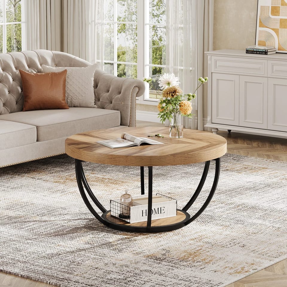 Tribesigns Central Cocktail Table with Shelves Coffee Table Wood Round, product photo