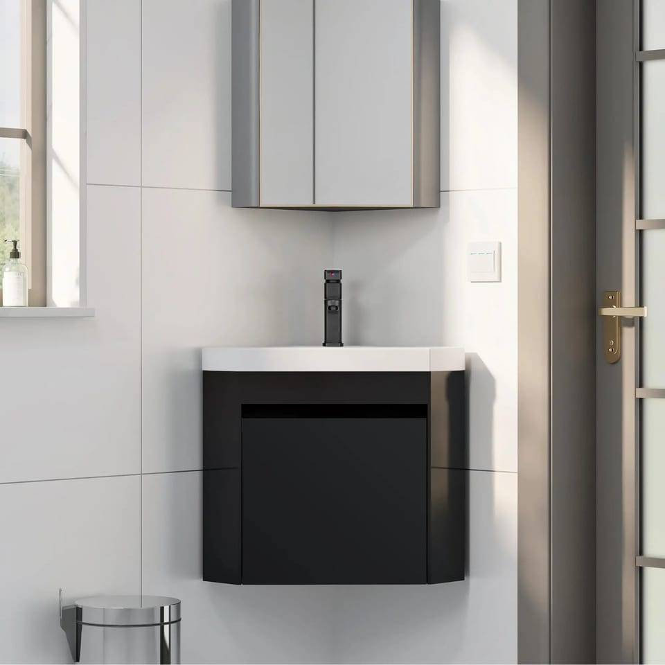 22 Inch Small Wall Mounted Floating Triangle Corner Bathroom Cabinets Vanity, product photo