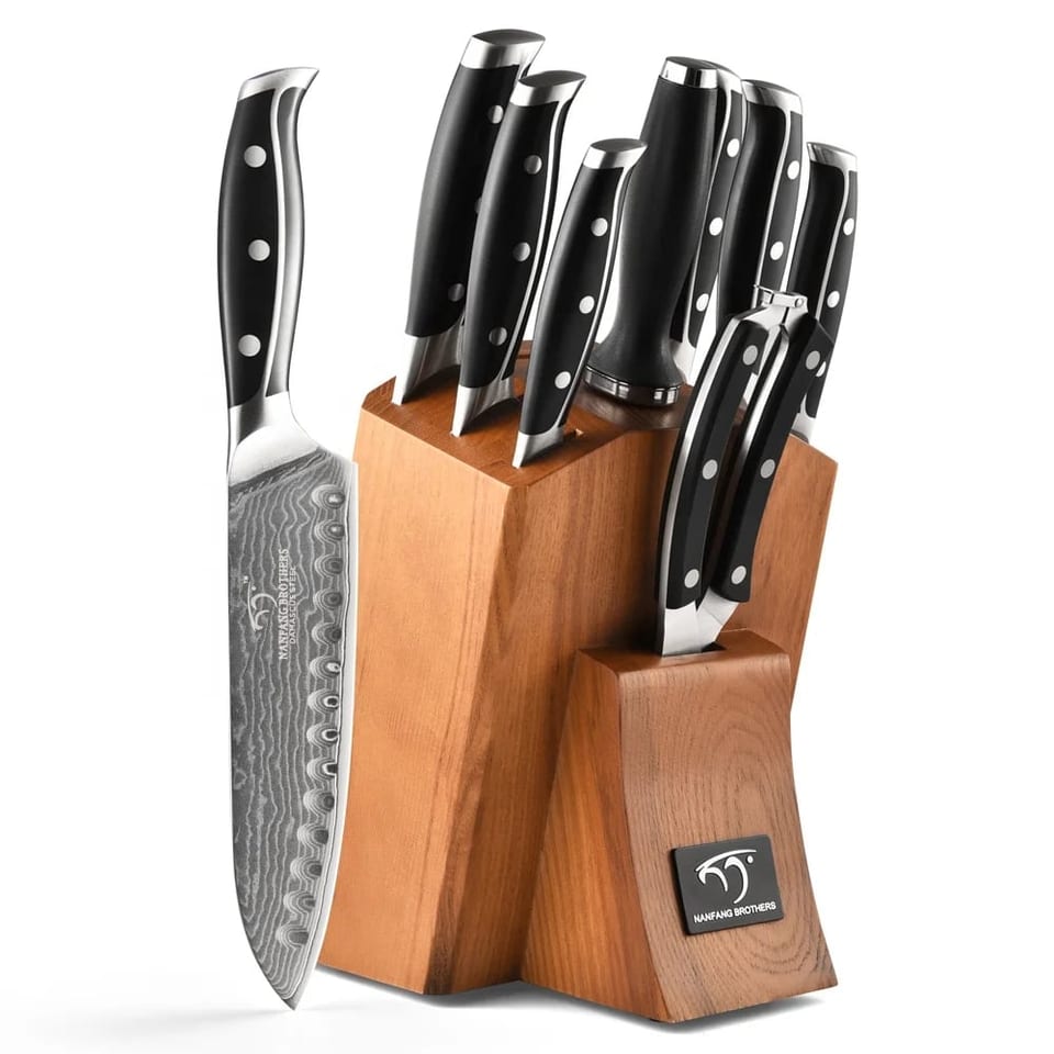 9 Pieces Damascus Knife Set Kitchen Knife Set with Wooden Block and Non-slip, product photo