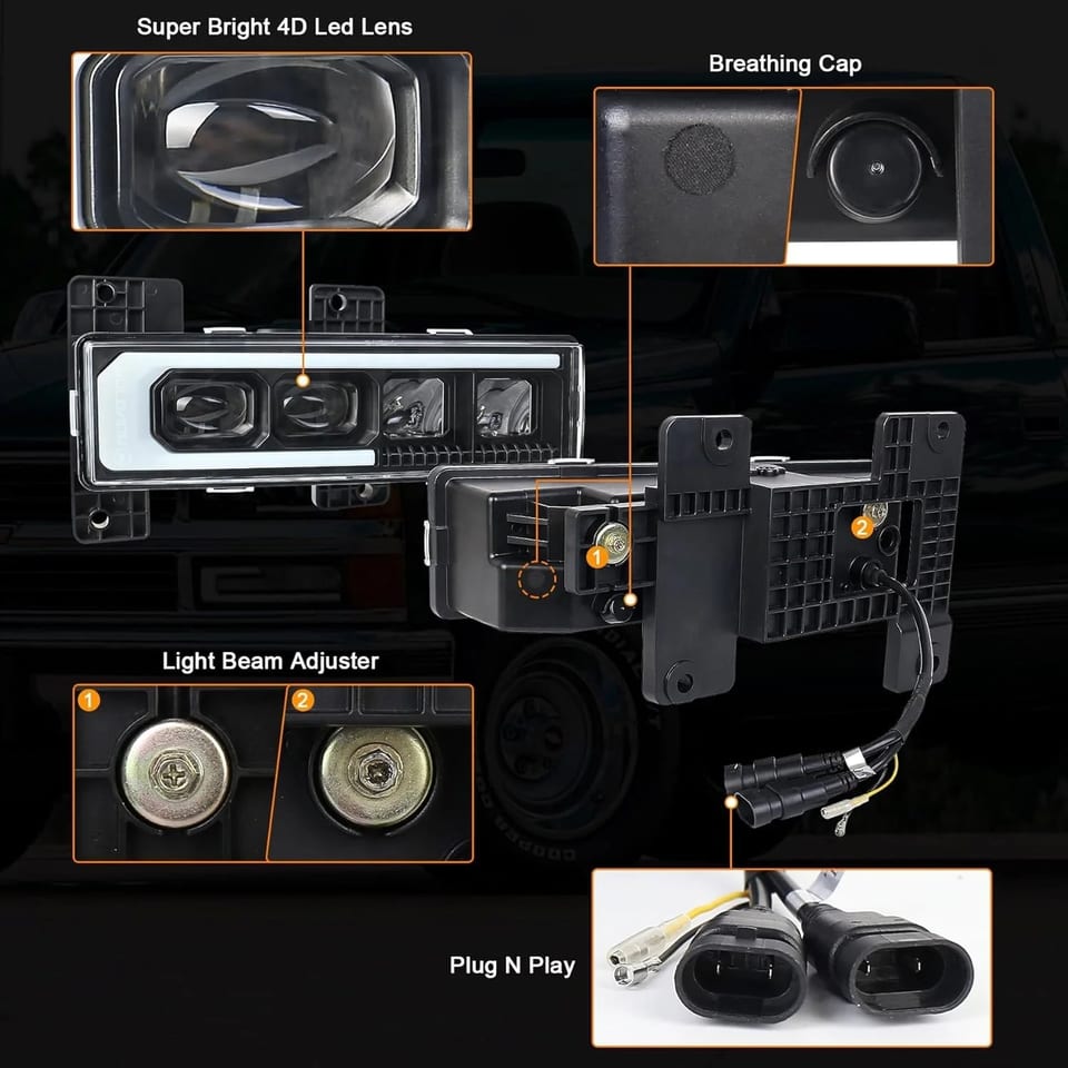 OVOVS Full LED Headlight Assembly with Turn Signal for 1988-1998 Chevy, product photo
