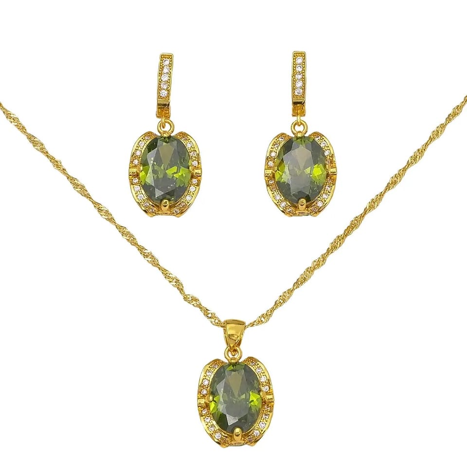 NATUNA Fine Customized Wedding Necklace Earrings Designer Brass Olive Green, product photo