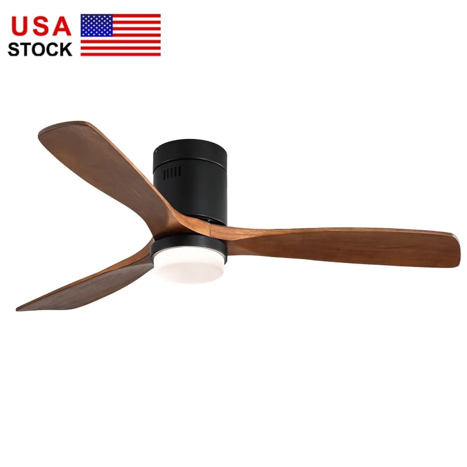 USA Flush Mount 52 Inch 3 Solid Wood Remote Control Led Ceiling Fan With Light, product photo