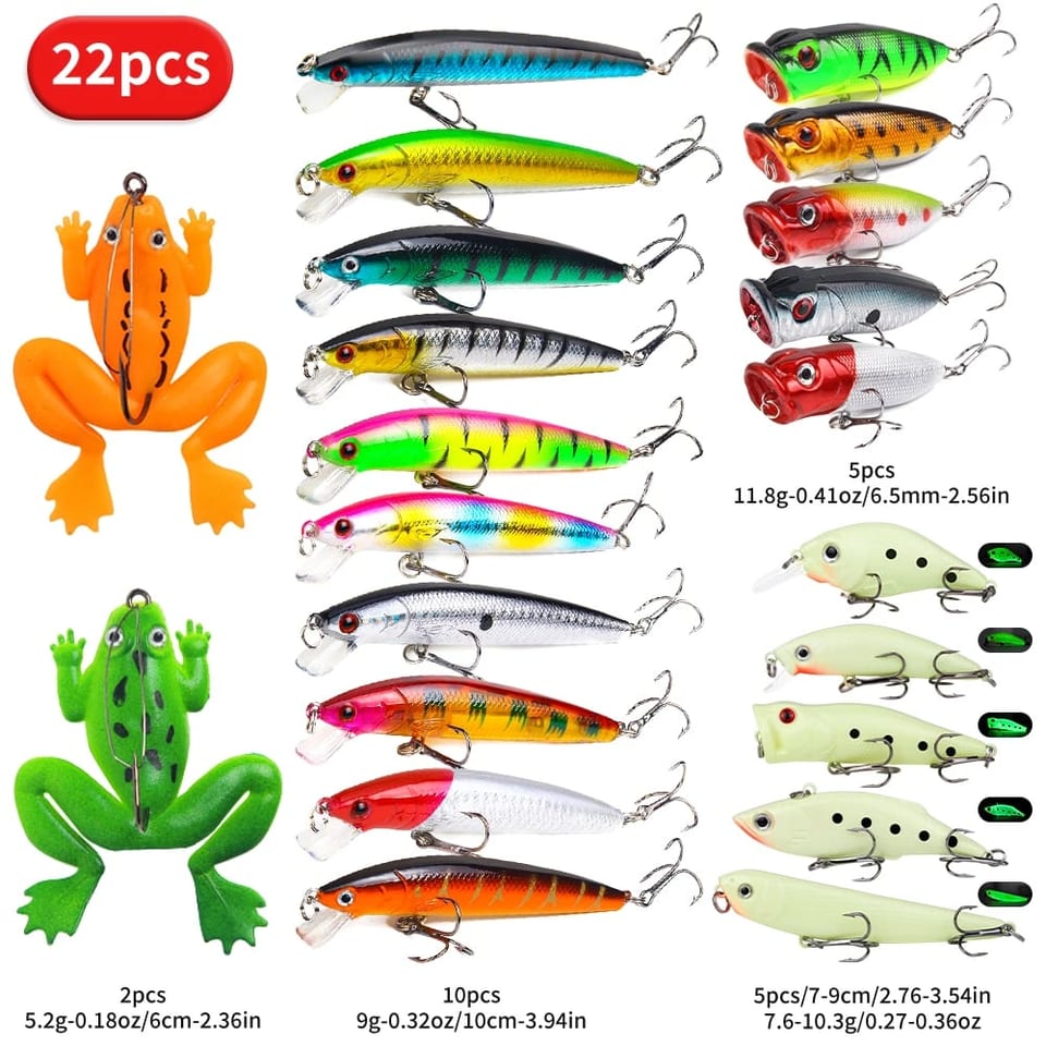 22pcs/set Hard Lure Bait Soft Frog Popper Minnow Pencil VIB Luminous Lure Kit, product photo