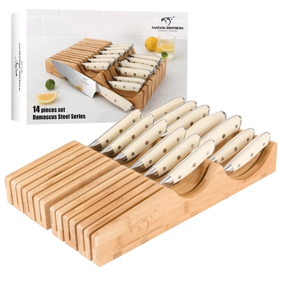 Brand New Damascus Non-Stick Chef Butcher Knife Set With Bamboo Drawer Block,14, product photo