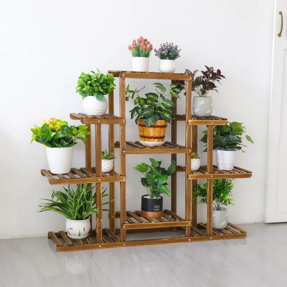 9 Tiers Heavy Duty Wooden Plant Stand Flower Shelf for Indoor Outdoor, product photo