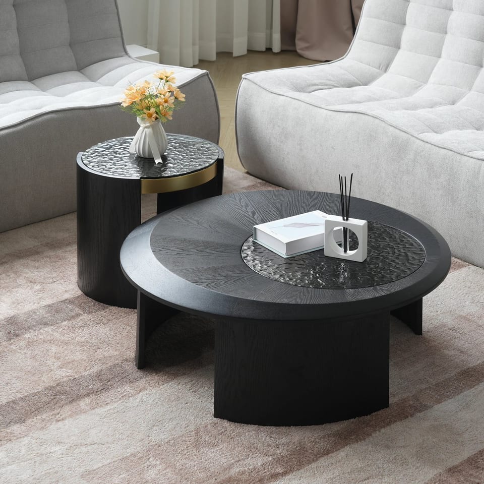 VOXHOME USA Contemporary Art Modern Wood Hammer Glass Round Black Top Side Oval, product photo