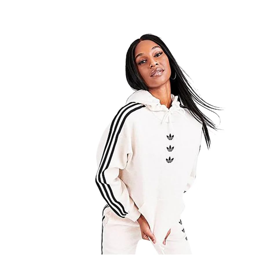 For Women's Repeat Hoodie XS Pattern Zipper-Up Hooded Sweatshirt Egret/Black, product photo