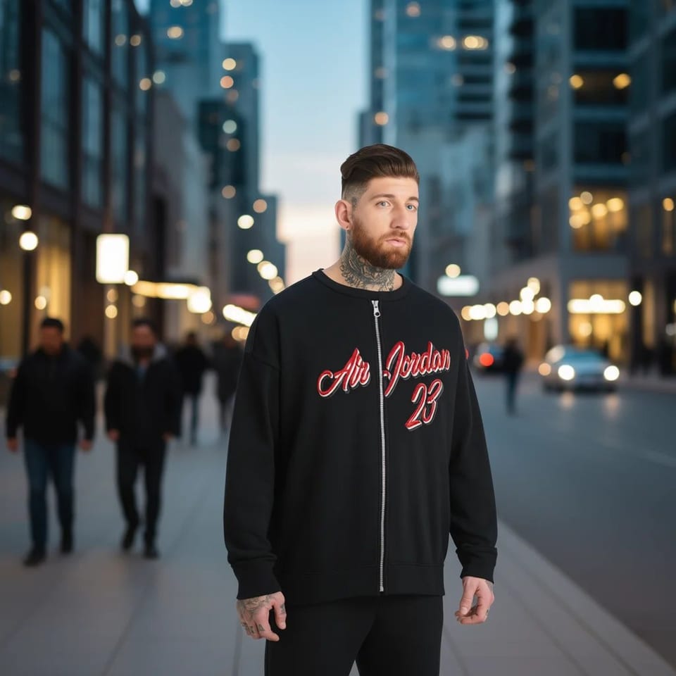 Jordan Mens Active Sweatshirt XL Black 3D Embroidery Zipper Crew Neck Oversized, product photo
