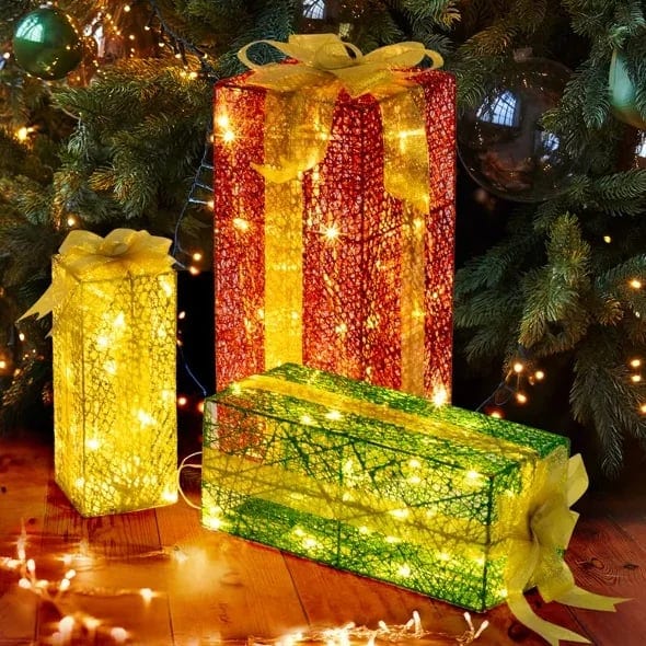 VINGLI 3-Piece Set Pre-Lit Lighted Gift Boxes 90 LED Warm White Lights Nestable, product photo