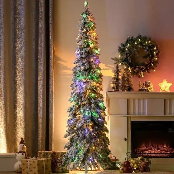 HOMCOM 6ft Tall Prelit Artificial Christmas Tree 407 Snow Flocked Branches 250, product photo