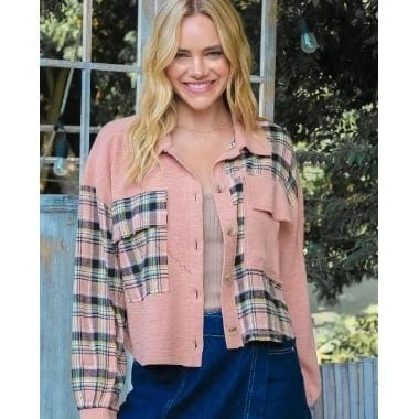 Hailey & Co Ladies Cropped Bomber Jacket Plaid Mixed Sherpa with Spandex Lining, product photo