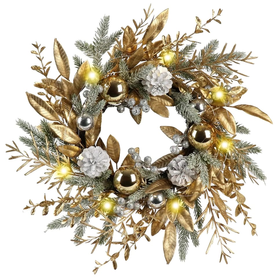 20 Inch Handmade PVC Christmas Wreath with Warm Lights Pinecone Door Decoration, product photo