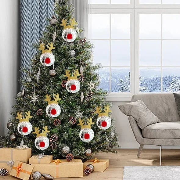5pcs Silver Disco Mirror Elk Horn Christmas Tree Decorations Reflective Hanging, product photo