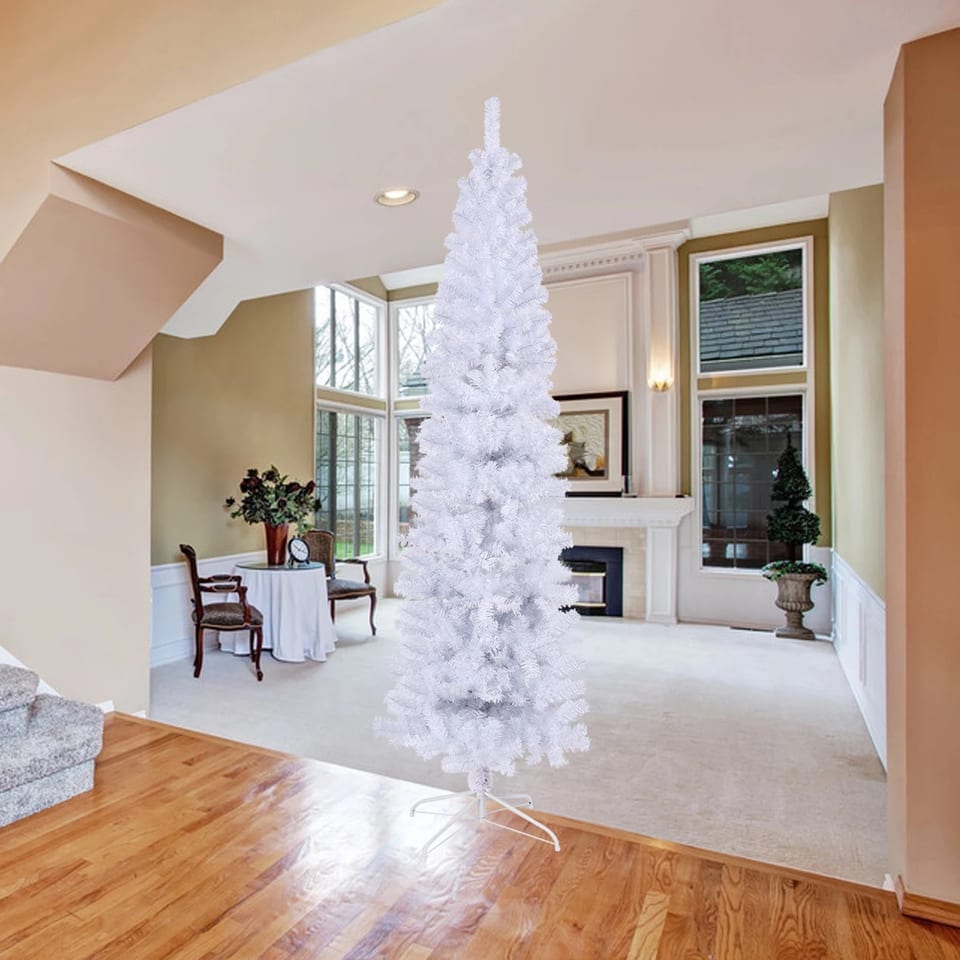 7.5 Feet White Slender Mini Artificial Christmas Tree Luxury Hinged Pre-Lit, product photo