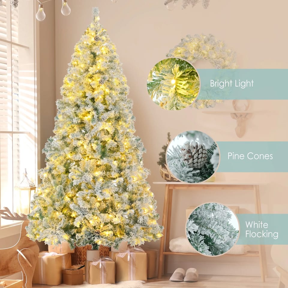 6 Feet Artificial Hinged Christmas Tree Snow Covered Base Pre-Installed LED, product photo