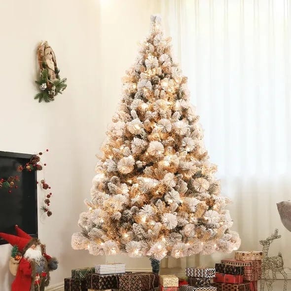 HOMCOM 6.5 Ft Pre-Lit Artificial Christmas Tree 350 Clear Lights 1107 Tips Snow, product photo