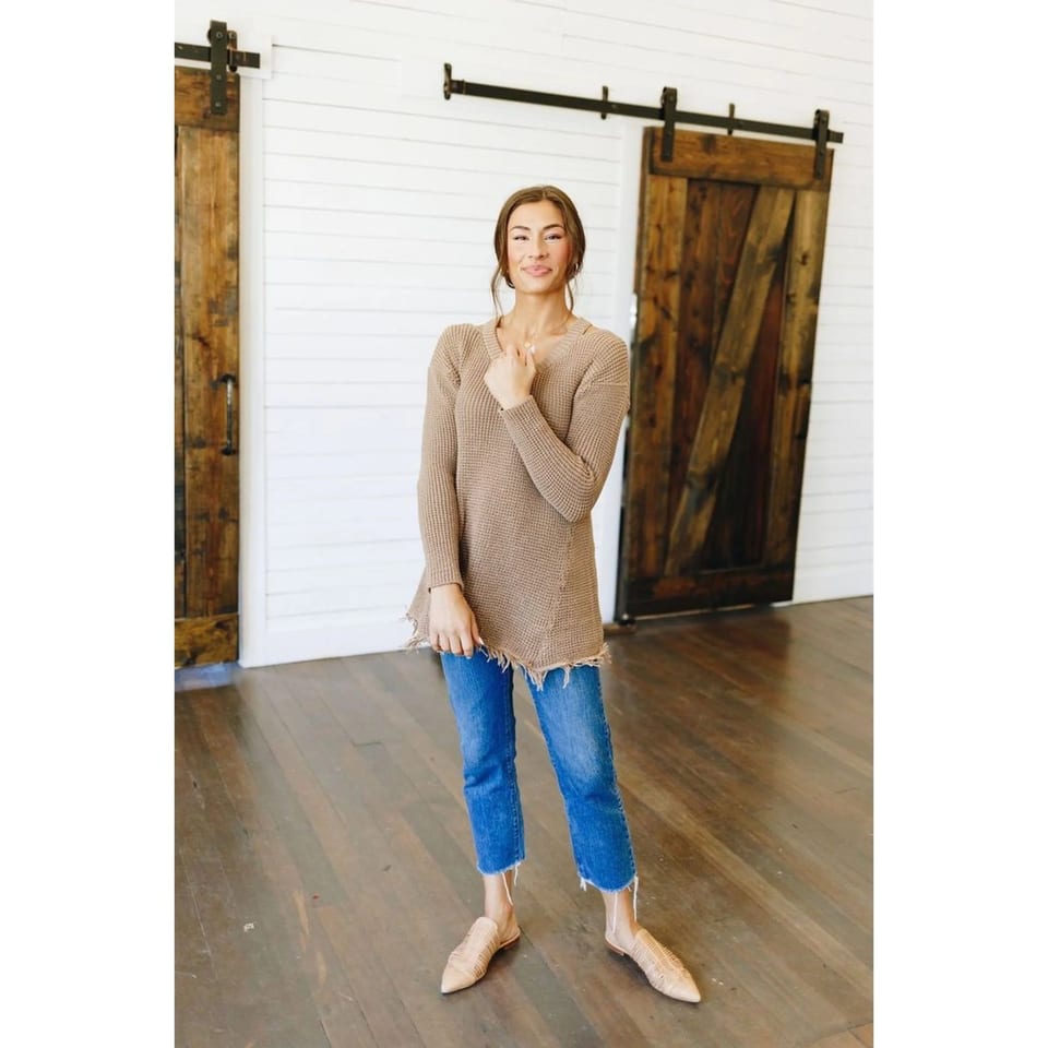 Women's TD Knit Waffle Sweater Breathable Vintage Slim Fashionable for Fall and, product photo