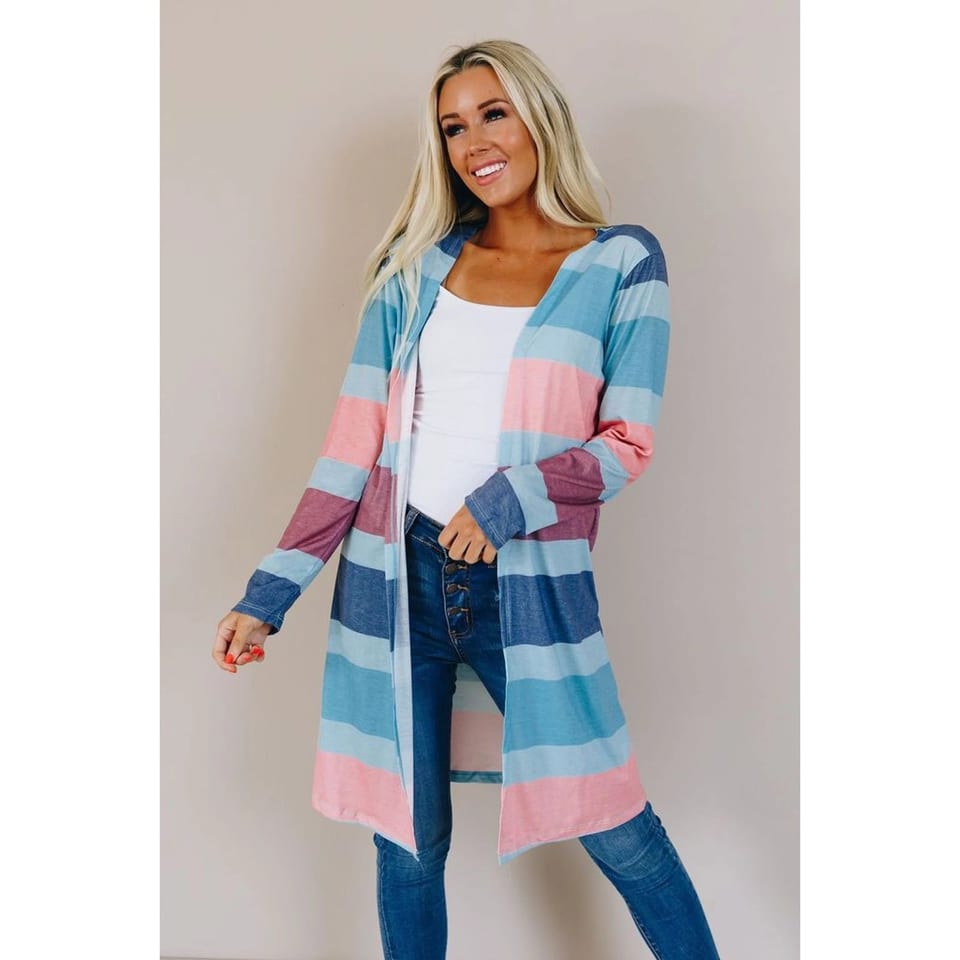TD Billie Casual Long Cardigan Multi-Color Stripe Print Crocheted Weaving for, product photo
