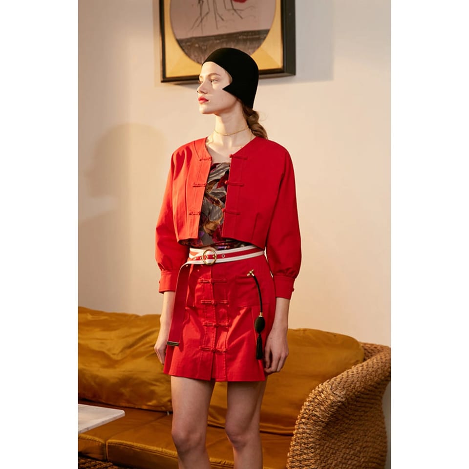 Autumn Cropped Frog Buttons Jacket Red Rimless TD Reversible Quilted PU Leather, product photo