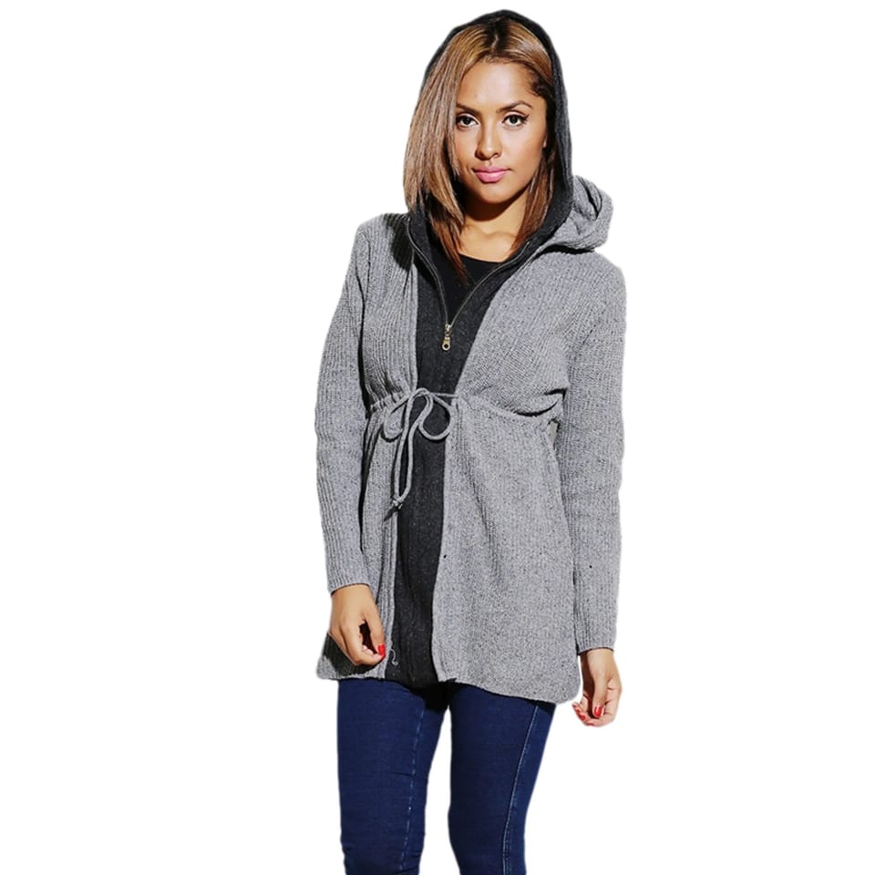 Dark Gray Double Hooded Knit Boyfriend Cardigan Women's Zip up Sweater, product photo