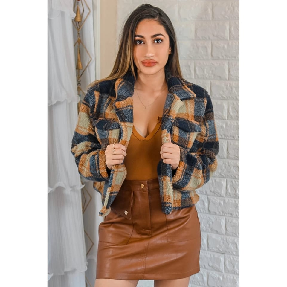 TD Cropped Sheep Skin Leather Jacket with Custom Logo Embroidered Plaid Pattern, product photo