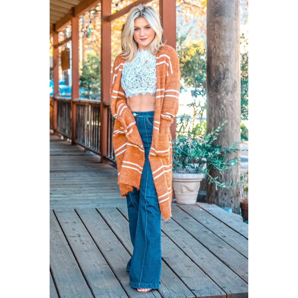TD Casual Cardigan Sweater with Fuzzy Stripe Print and Solid Pattern Rust Color, product photo