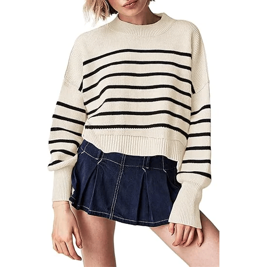 FCJ Vintage Print Long-Sleeved Striped Sweater for Women Breathable Knitted, product photo