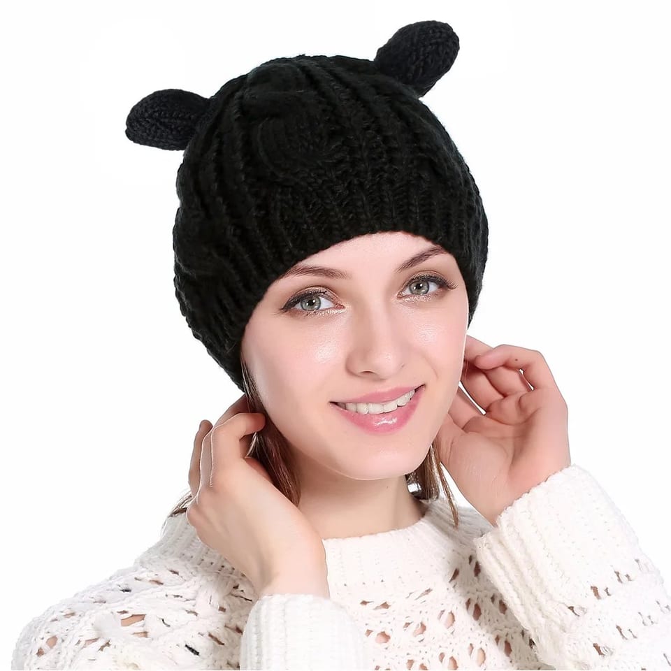 FCJ Women's Autumn Winter Cat Ear Knit Beanie Comfortable Woolen Headwear, product photo