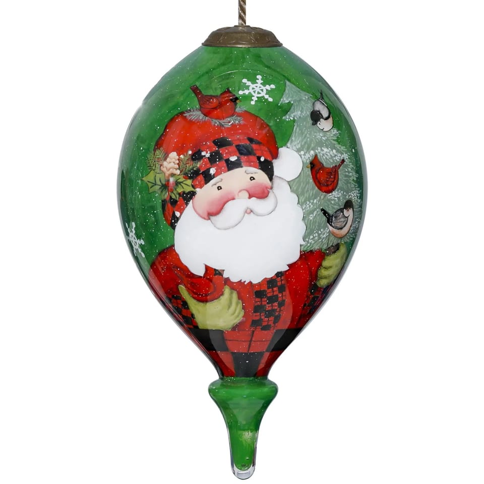 HMS Hand-Painted Mouth Blown Glass Ornament Plaid Santa with Cardinals for, product photo