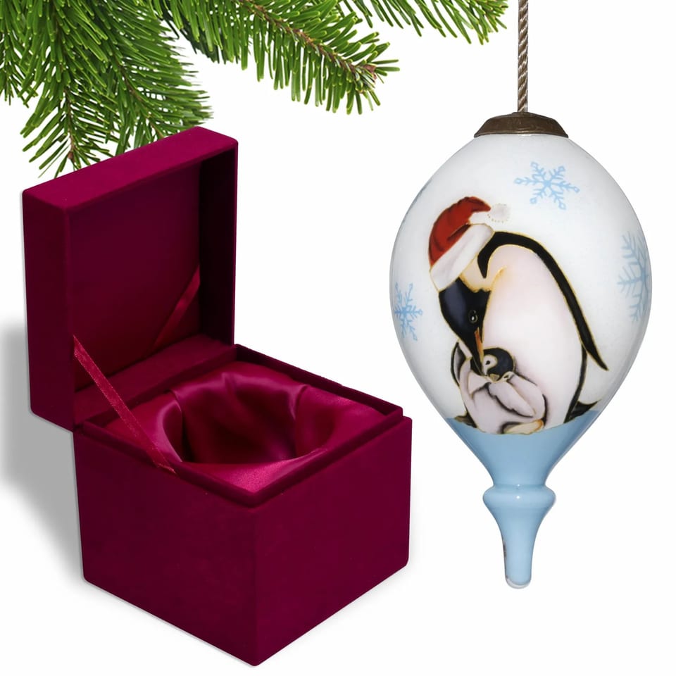 Hand Painted and Mouth Blown Glass Ornament HMS Penguin Mother and Child for, product photo