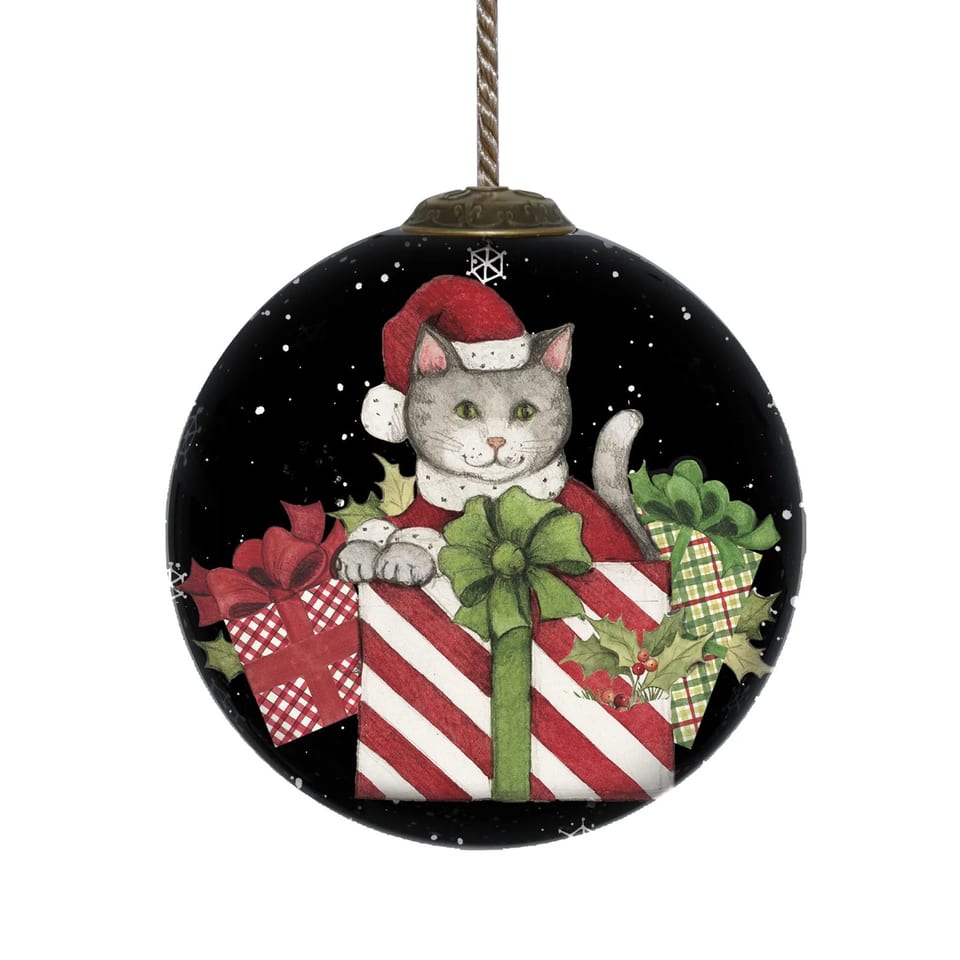 Hand Painted & Mouth Blown Glass Ornament HMS Christmas Cat with Presents for, product photo