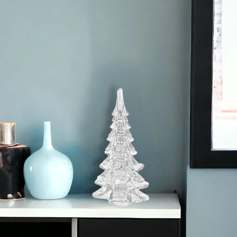 HMS 10\" Mini Modern Clear Glass Christmas Tree Sculpture Mouth Blown High, product photo