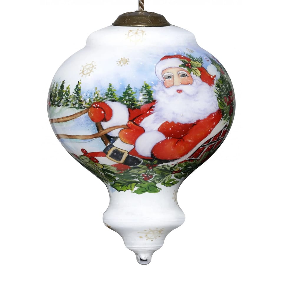 Hand Painted & Mouth Blown Glass Ornament HMS Santa Riding a Sleigh for, product photo