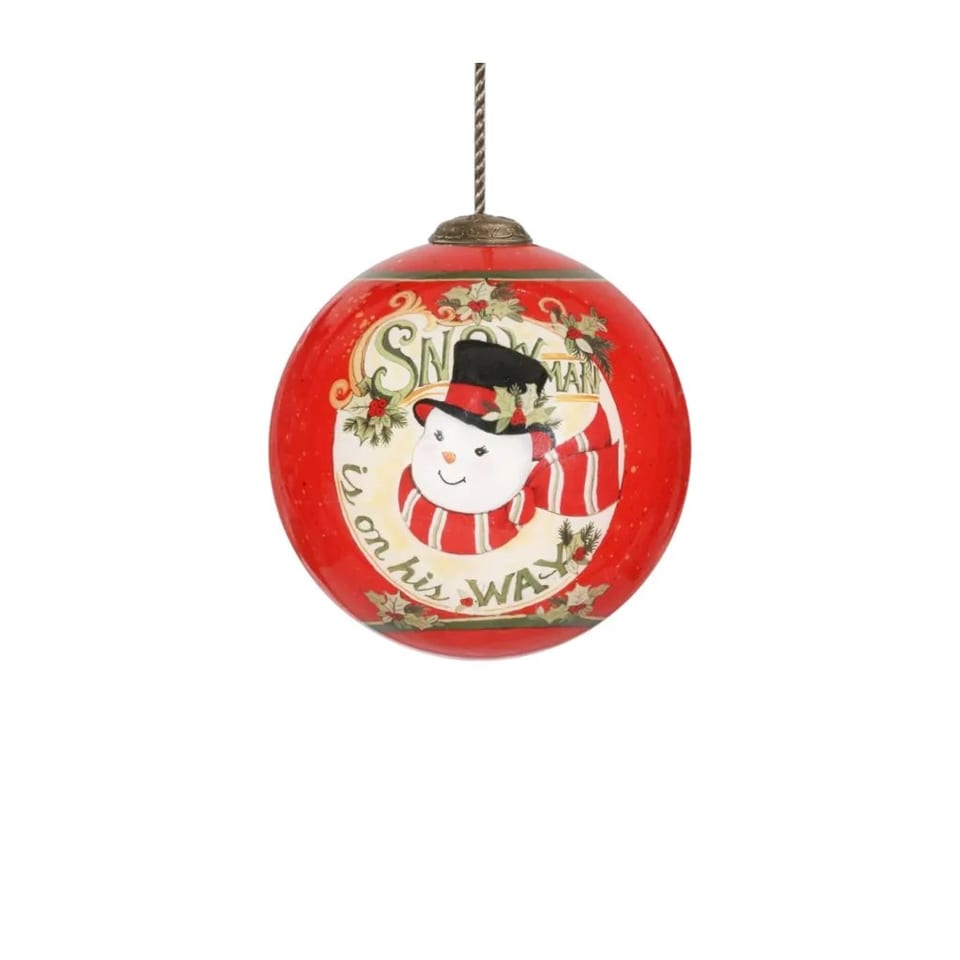 Hand Painted & Mouth Blown Glass Ornament HMS Festive Snowman on His Way for, product photo
