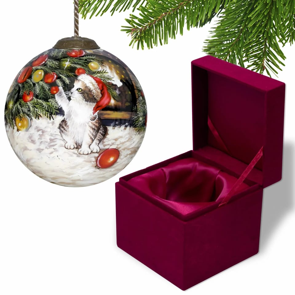 HMS Customizable Size Hand Painted Kitten Under Christmas Tree Ornament Mouth, product photo