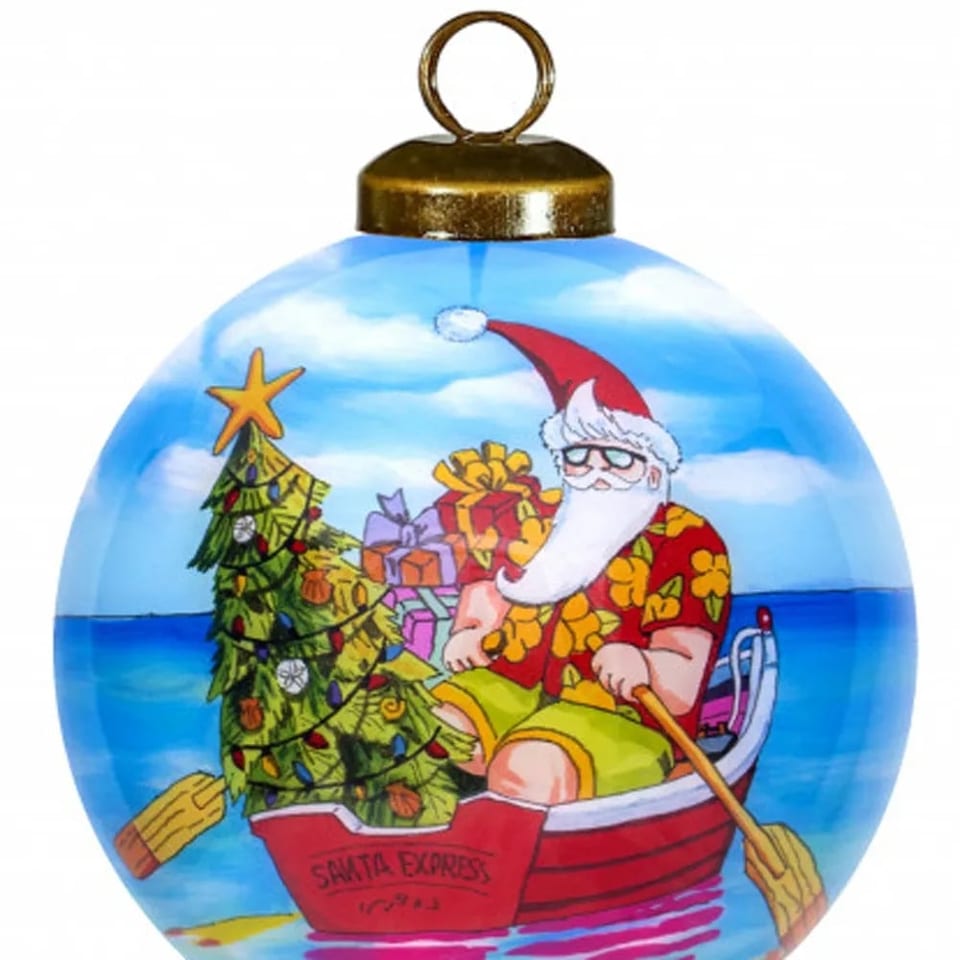 HMS Custom-Size Hand Painted Mouth Blown Glass Ornament Santa Express Rowing, product photo