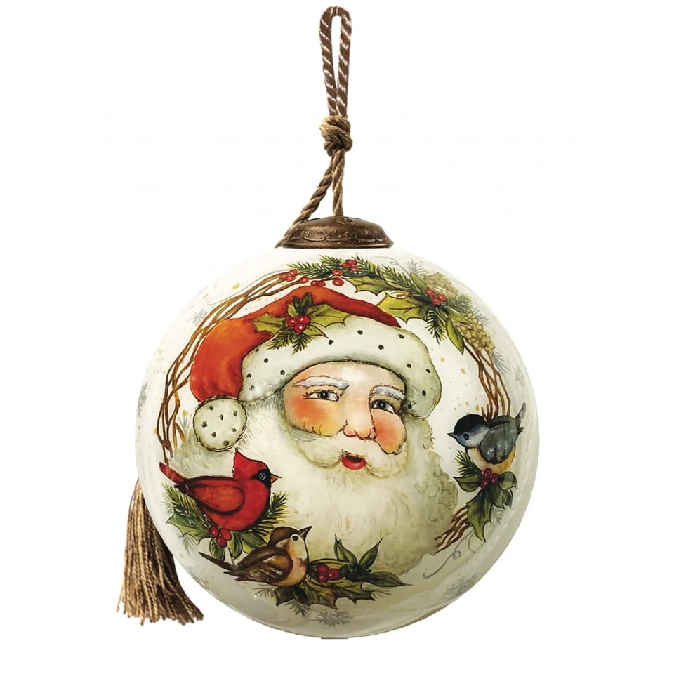 Hand Painted Mouth Blown Glass Ornament HMS Winter Wreath Forest Santa, product photo