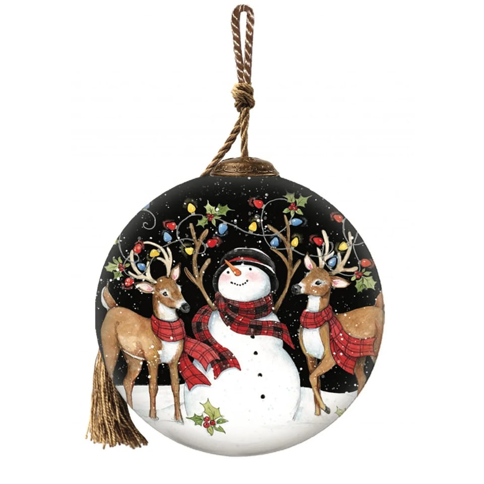 Hand Painted & Mouth Blown Glass Ornament HMS Snowman and Reindeer in Holiday, product photo