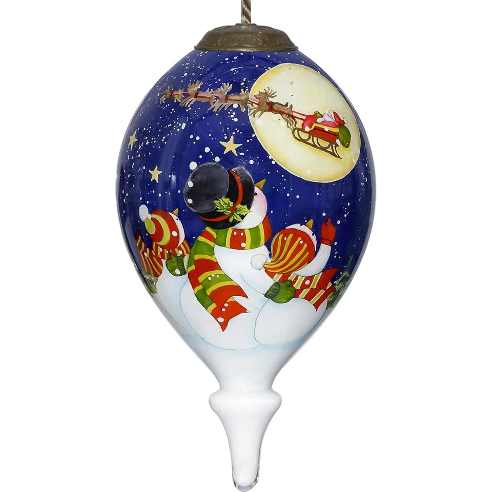HMS Hand-Painted Mouth Blown Glass Ornament Family of Snowmen Watching Santa on, product photo