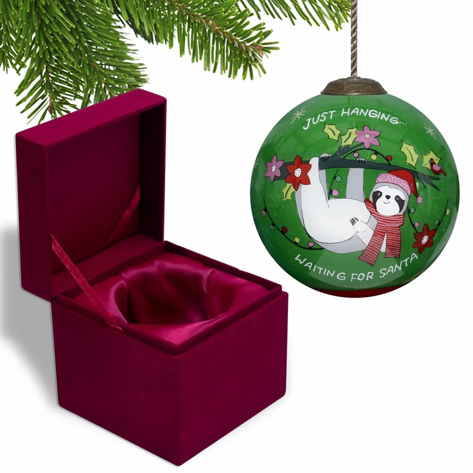 HMS Hand Painted Mouth Blown Glass Ornament Just Hanging Merry Lights Sloth, product photo