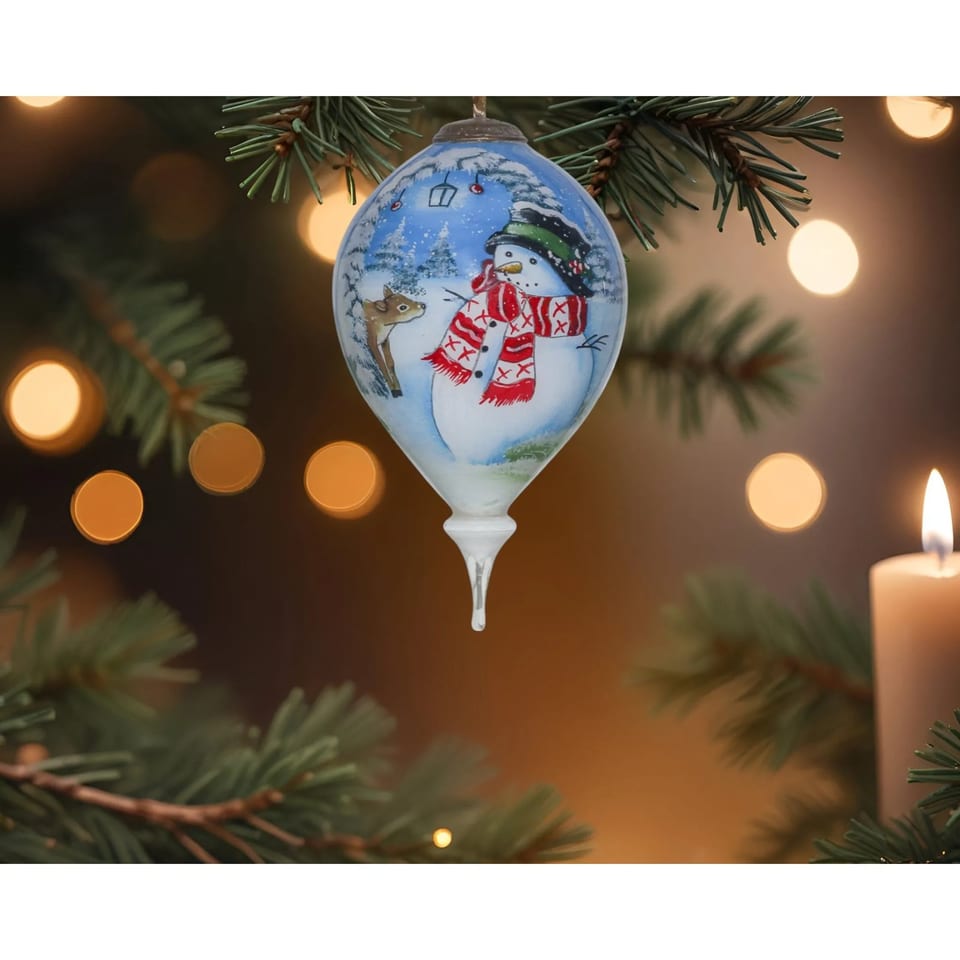 HMS Adorable Snowman and Deer Hand Painted Mouth Blown Glass Christmas Ball, product photo