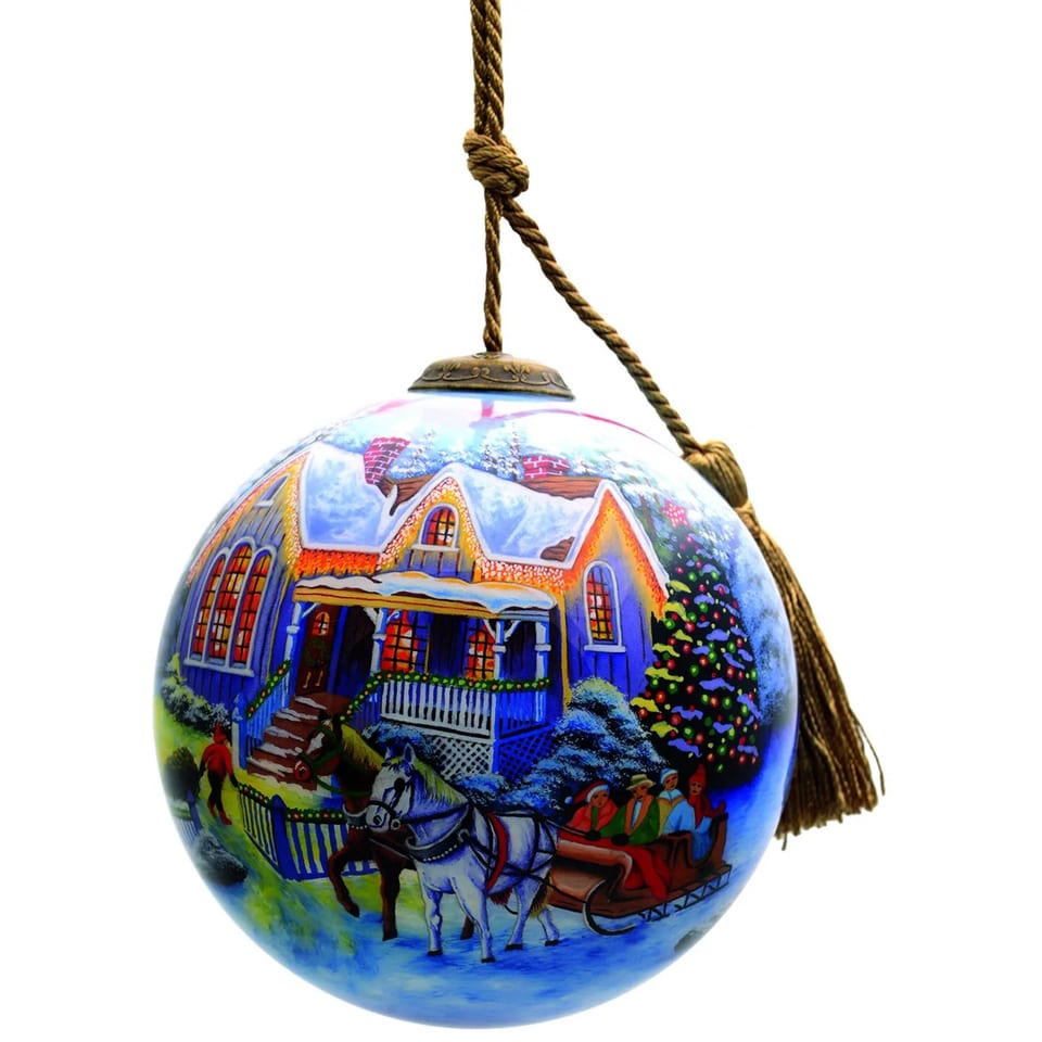 Hand Painted HMS Christmas Ornament Home and Horse Carriage on Mouth Blown, product photo