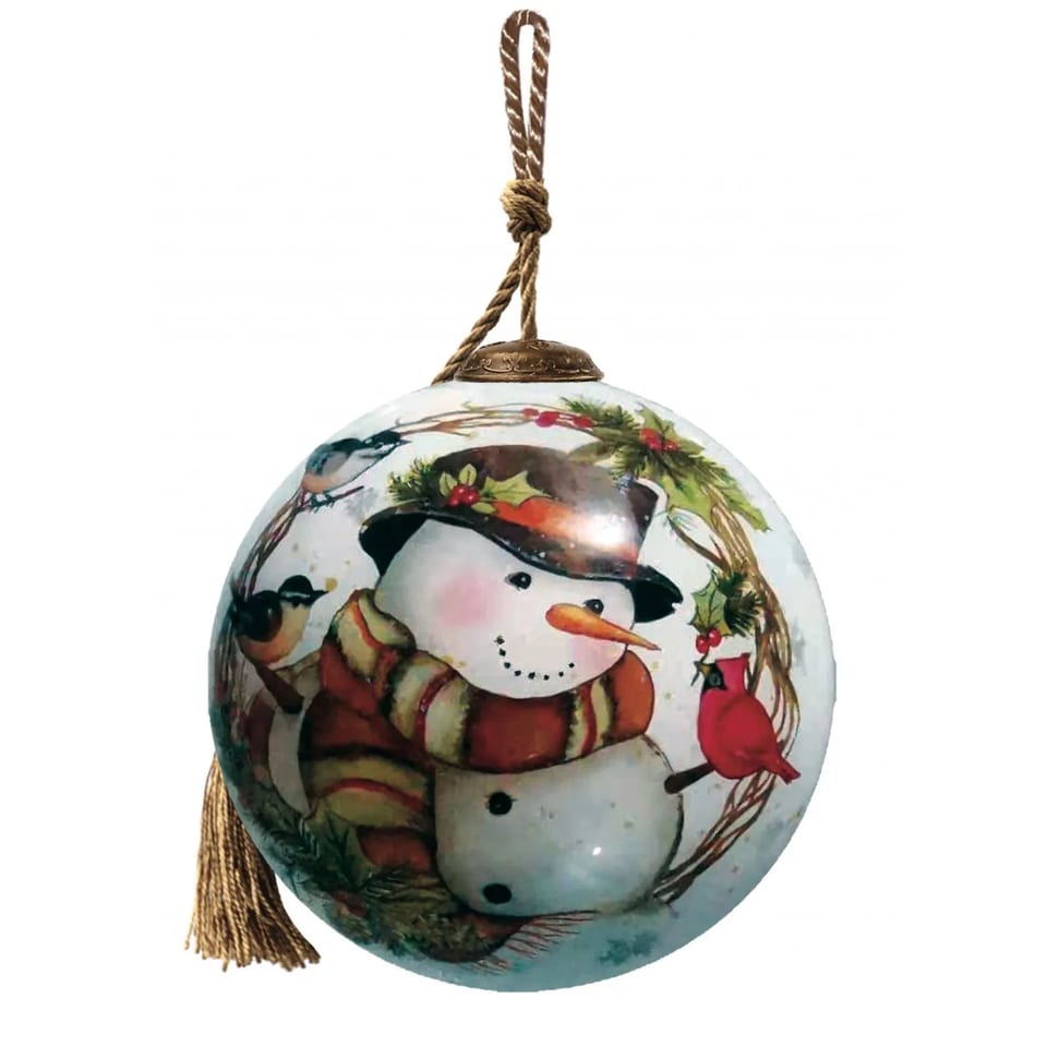 HMS Custom-Size 3 Inch Handmade Winter Wreath Forest Snowman Glass Ornament, product photo