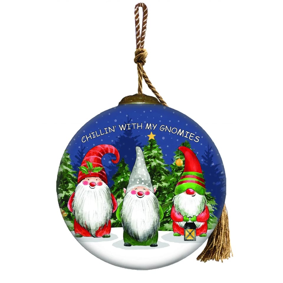 HMS Hand Painted Mouth Blown Glass Ornament Casual Gnomes in Christmas Mode for, product photo
