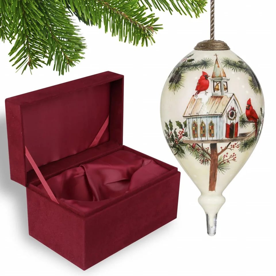HMS Home Hand Painted Mouth Blown Glass Ornament Red Cardinals Christmas Ball &, product photo