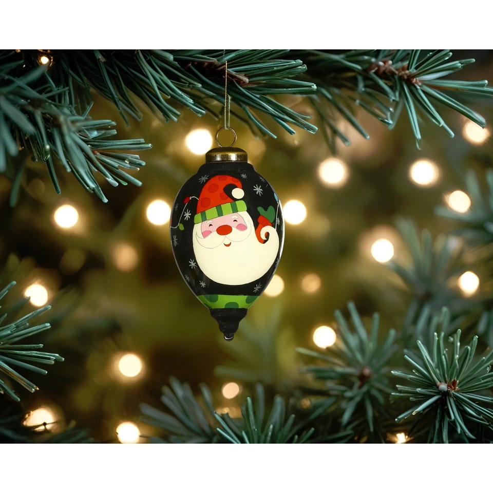 Hand Painted and Mouth Blown Glass Ornament HMS Santa in Holiday Lights for, product photo